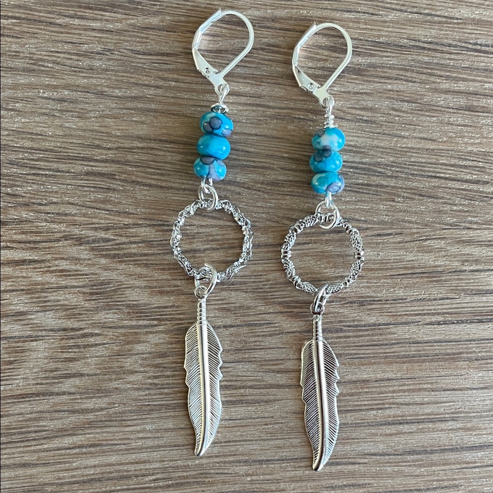 HAND CRAFTED CERAMIC TURQUOISE EARRINGS Silver Feathers Dangle Boho Southwestern